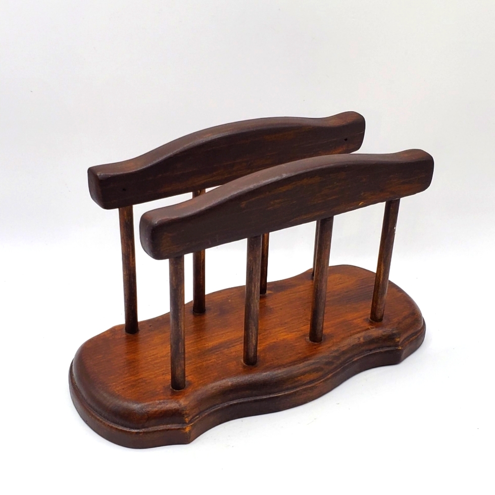 Vtg Napkin Farmhouse Wooden Upright Standing Napkin Holder Rustic Country 1972